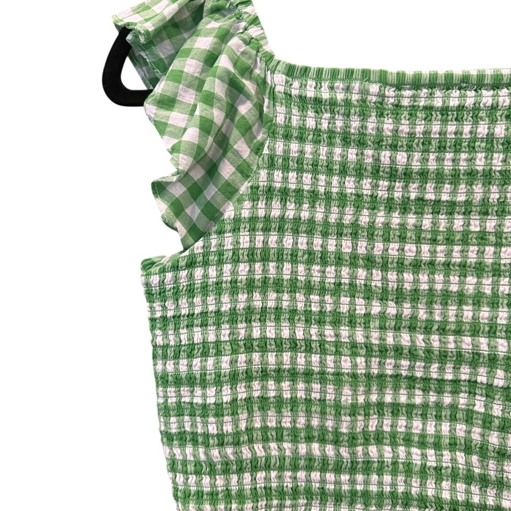 Green Gingham Smocked Ruffle Sleeve Top Cottagecore Summer Blouse - Picture 6 of 7